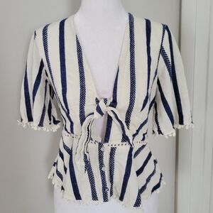 TJD Linen Blend Top Women SMALL Front Tie Striped Pom Poms Beachy Boho‎ Hippie